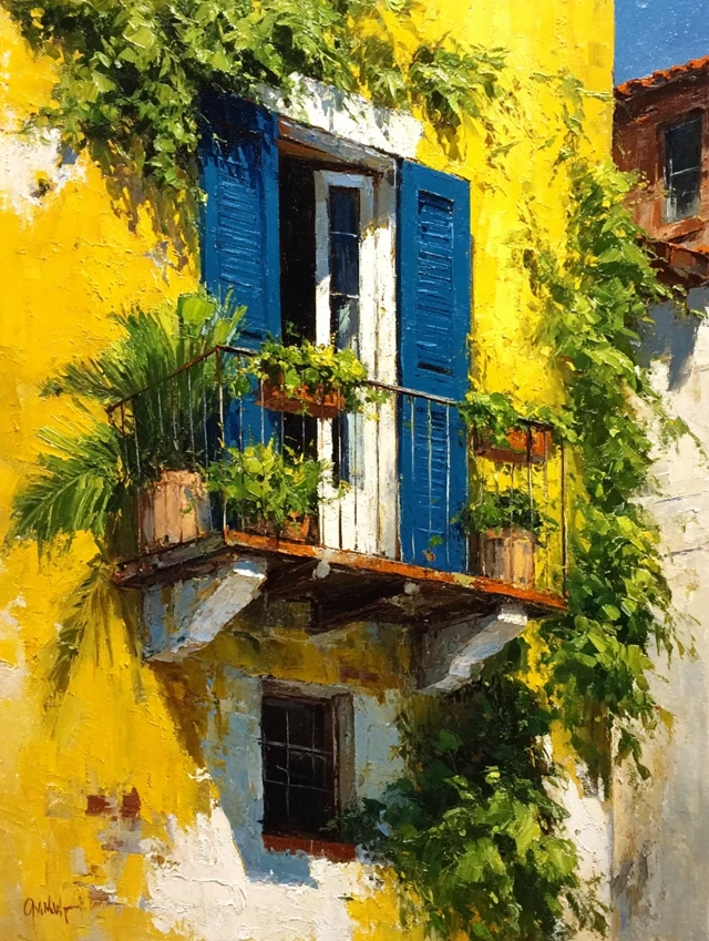 Italian Mediterranean Balcony Oil Painting