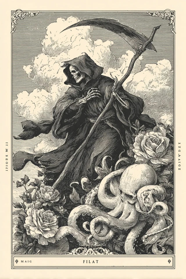 Grim Reaper Octopus Roses Tarot Card Art