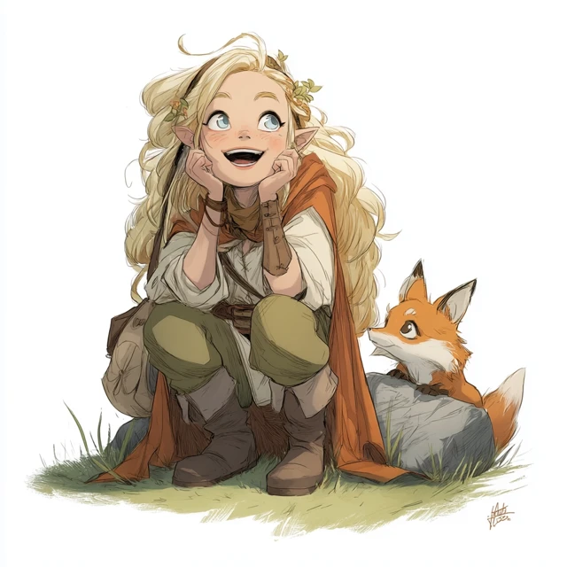 Half Elf Druid Girl and Fox Pet Art