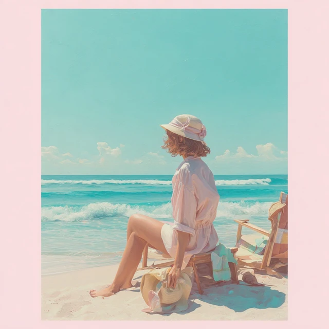 Girl on Beach Vacation Vogue Style Pastel Photo
