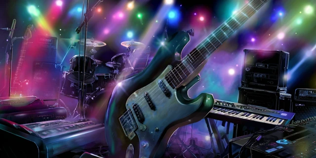Hard Rock Stage with Bass Guitar and Colorful Lights