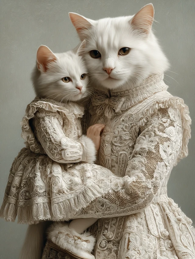 Mother and Daughter Cats in Dresses Tender Cuddle