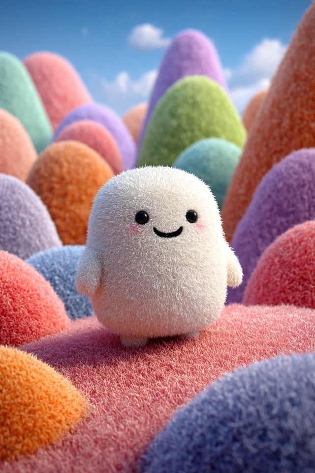 Cute Fluffy Character in Pastel Landscape
