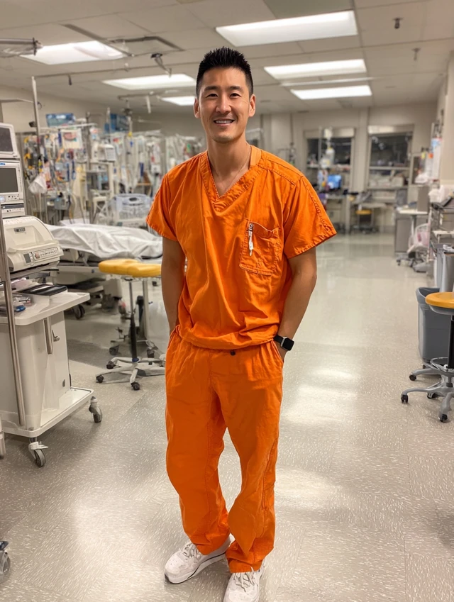 Asian Doctor in Orange Scrubs Hospital Setting