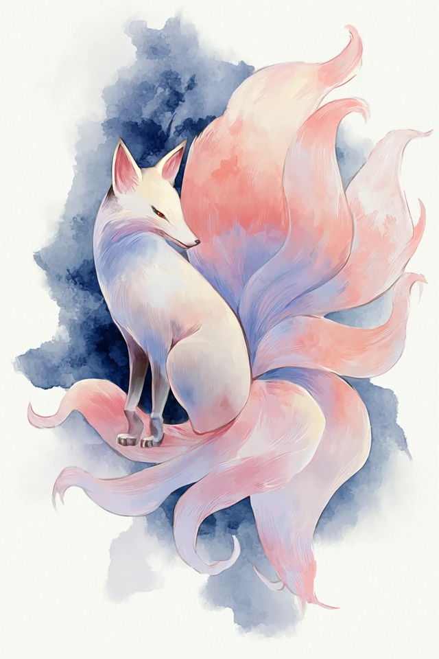 Nine-Tailed Fox Watercolor Painting Mythical Creature