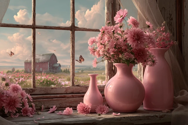 Pink Vases Flowers and Butterflies Countryside View