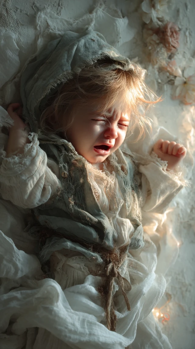 Heartrending Portrait Crying Infant Wrapped in Linen