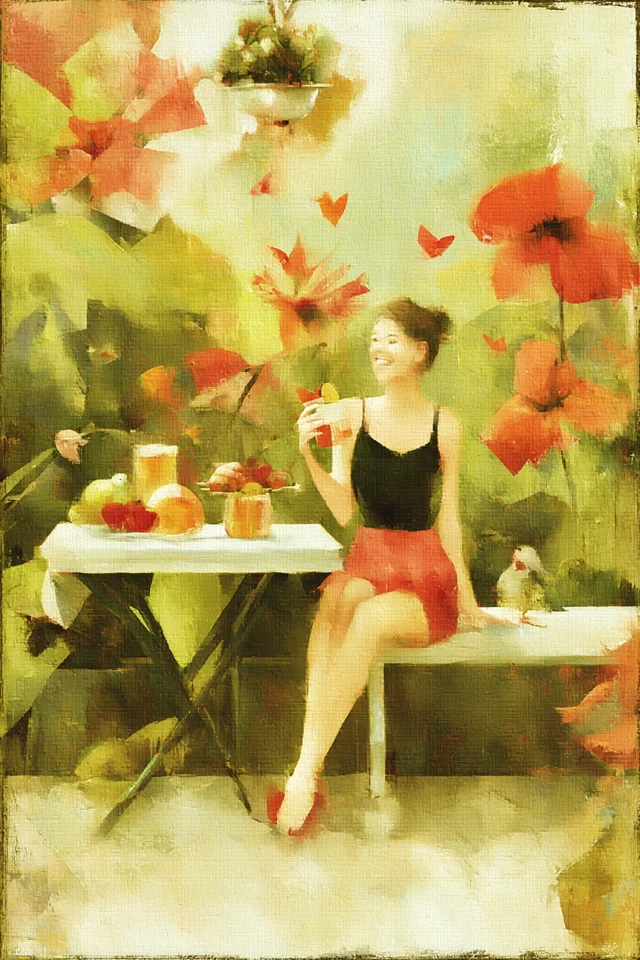 Garden Scene Woman at Table Watercolor Art