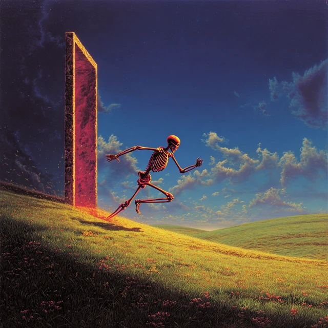 Red Skeleton Emerging From Portal In A Green Field
