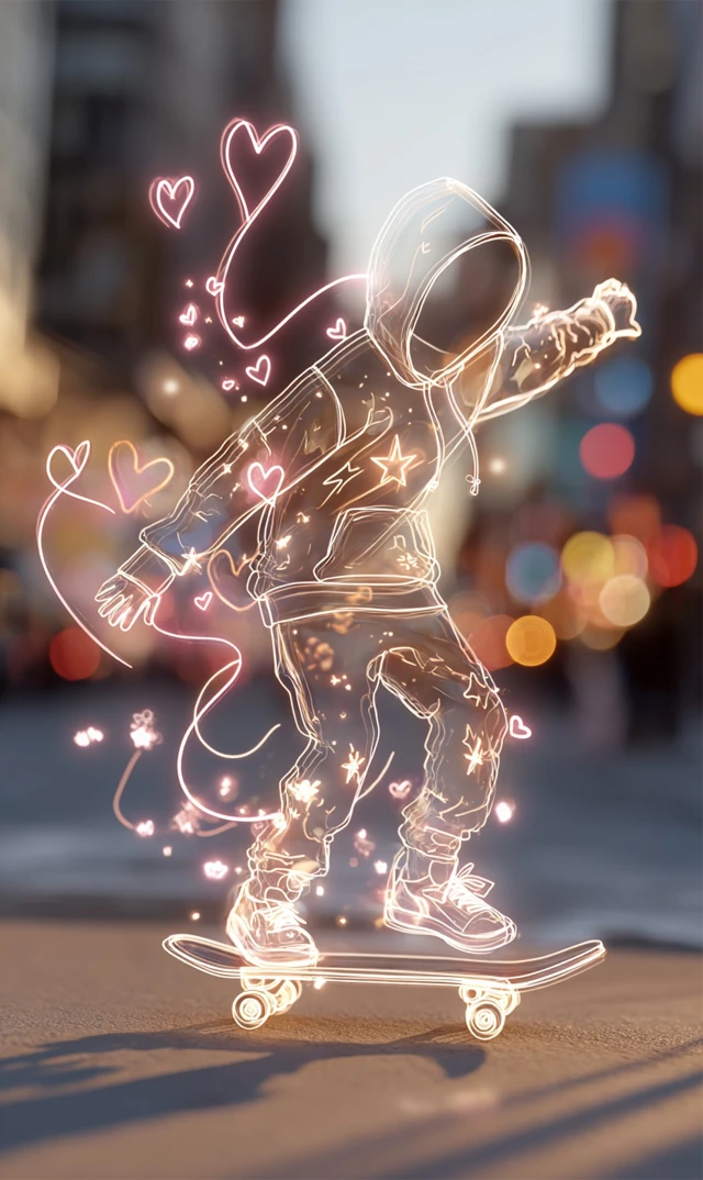 Neon Skateboard Boy City Street Art Golden Hour