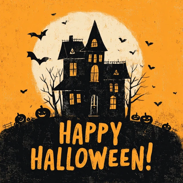 Spooky Halloween Haunted House Pumpkins Bats