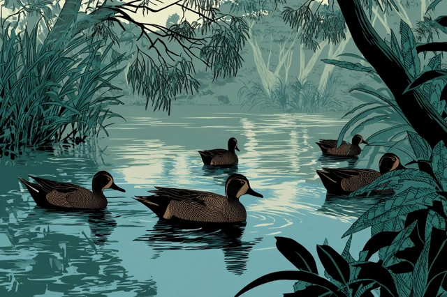 Grey Teal Ducks on Cooks River Illustration