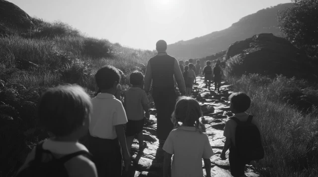 Journey of Children Led by a Guide 3D Render Black and White