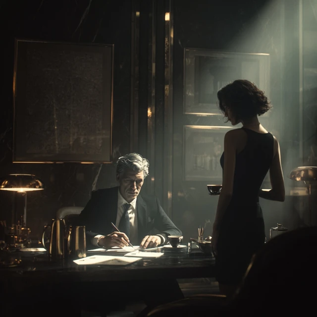 Luxurious Office Scene Man Taking Notes Woman with Coffee