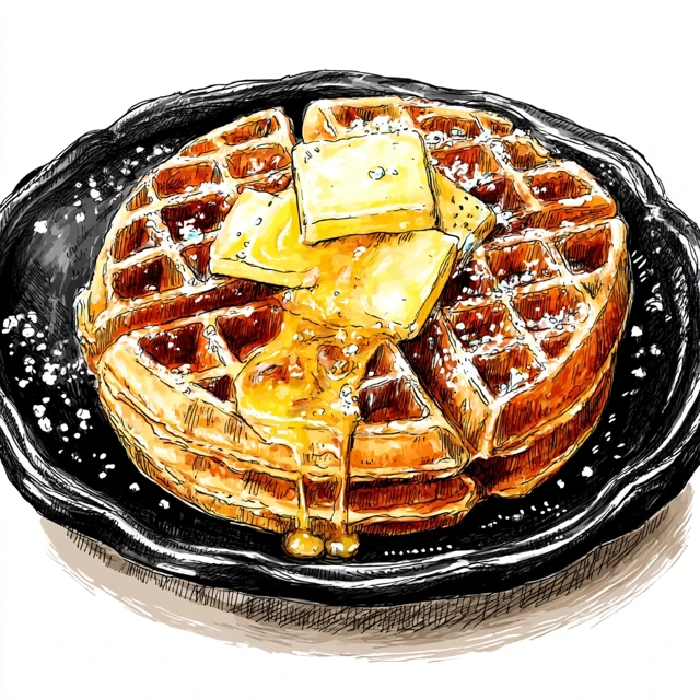 Waffle with Butter Sketch on Black Plate