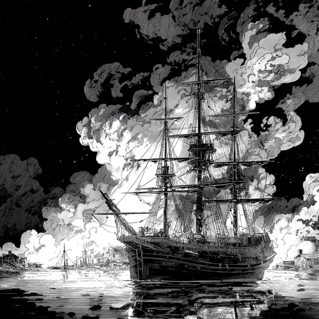 Burning Ship Black and White Illustration