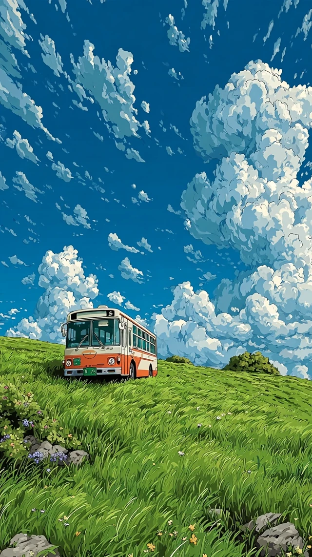 Anime Bus in a Green Field Tranquil Landscape