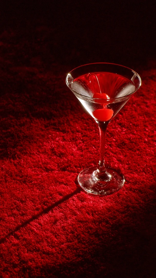 Martini Glass with Cherry on Red Velvet Photography