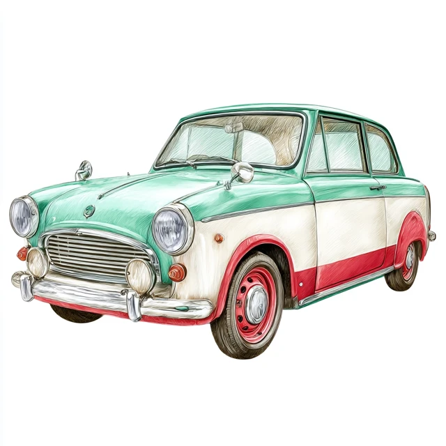 Retro Car Illustration Watercolor and Colored Pencil Art