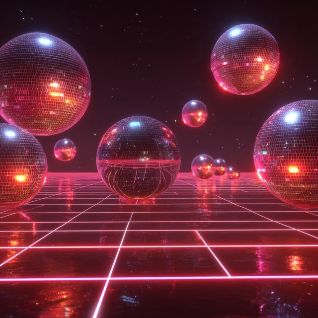 Disco Balls Neon Lights Futuristic 3D Rendering