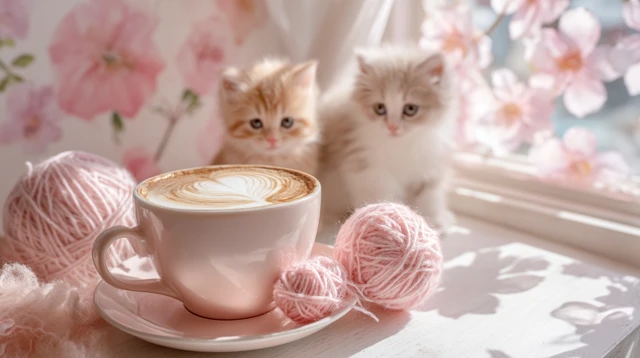 Cute Kittens in a Cafe with Latte Art