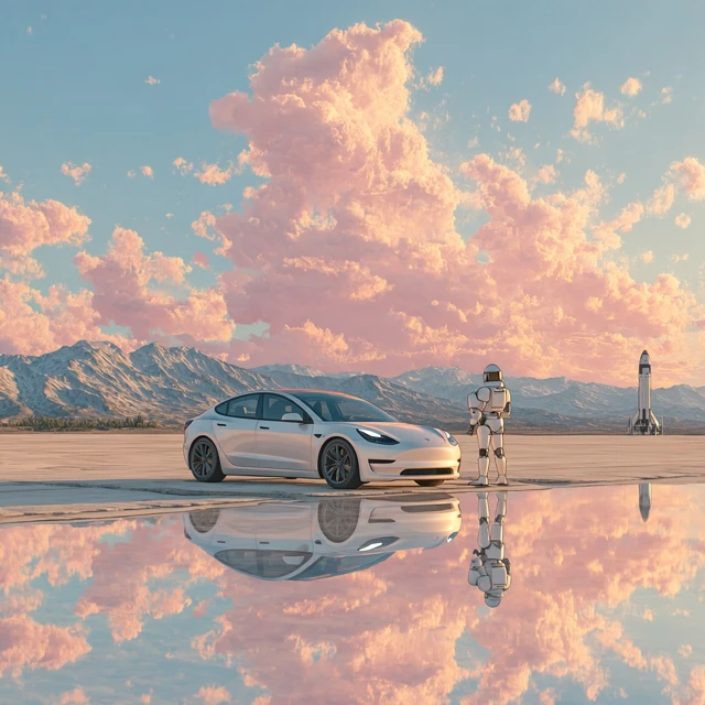 Futuristic Landscape Tesla Robot Sunset
