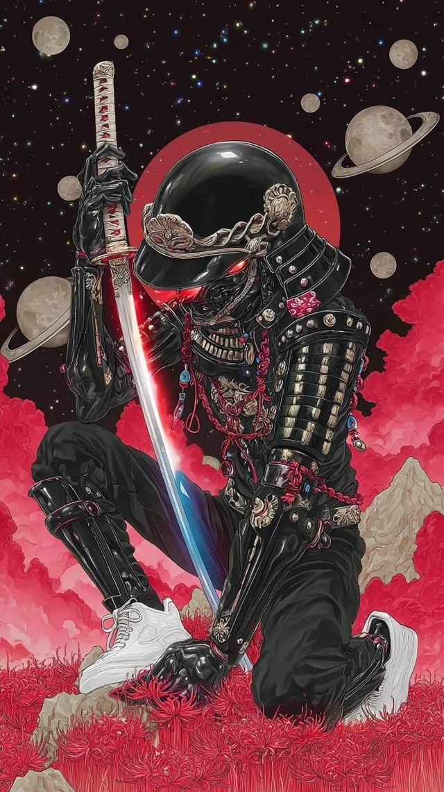 Space Samurai in Chrome Armor Anime Illustration