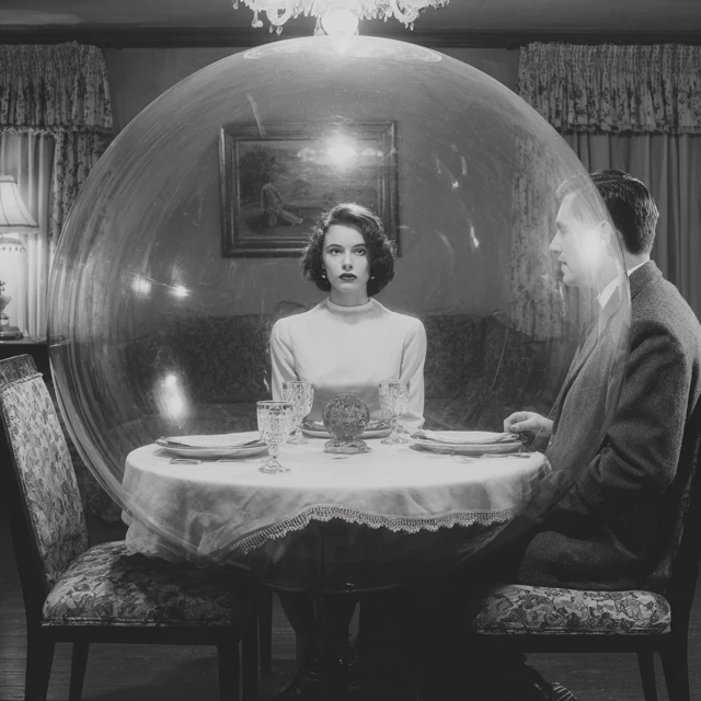 1950s Housewife in Bubble Husband at Dinner
