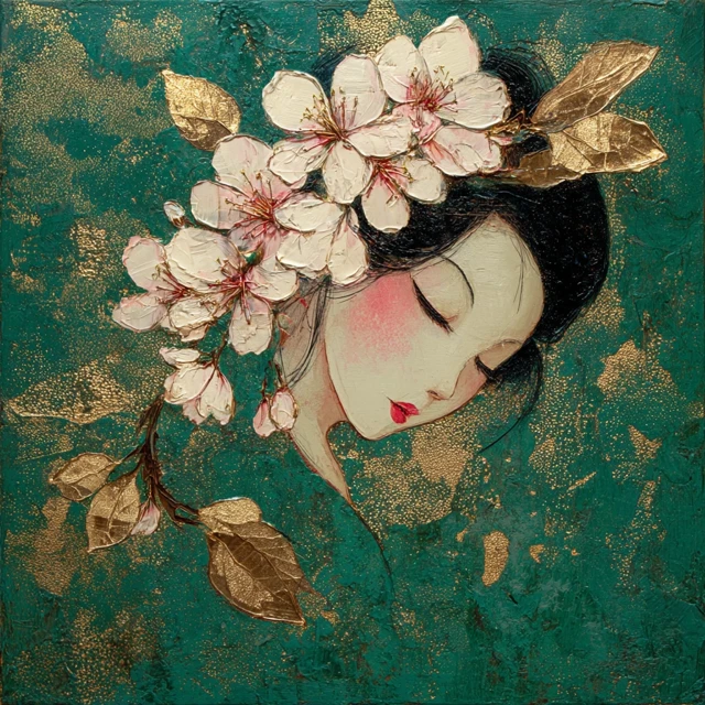 Geisha Painting with Sakura Flowers and Gold