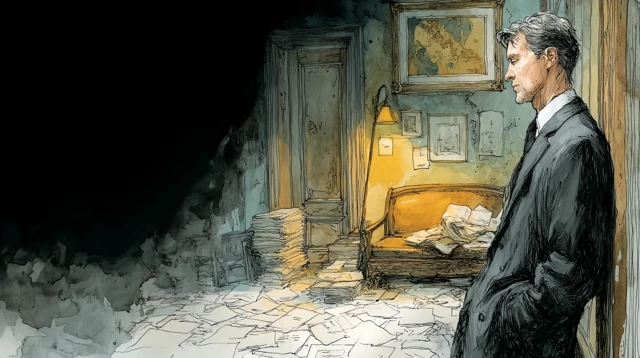 Lawyer in a Somber Room Balancing Logic and Empathy