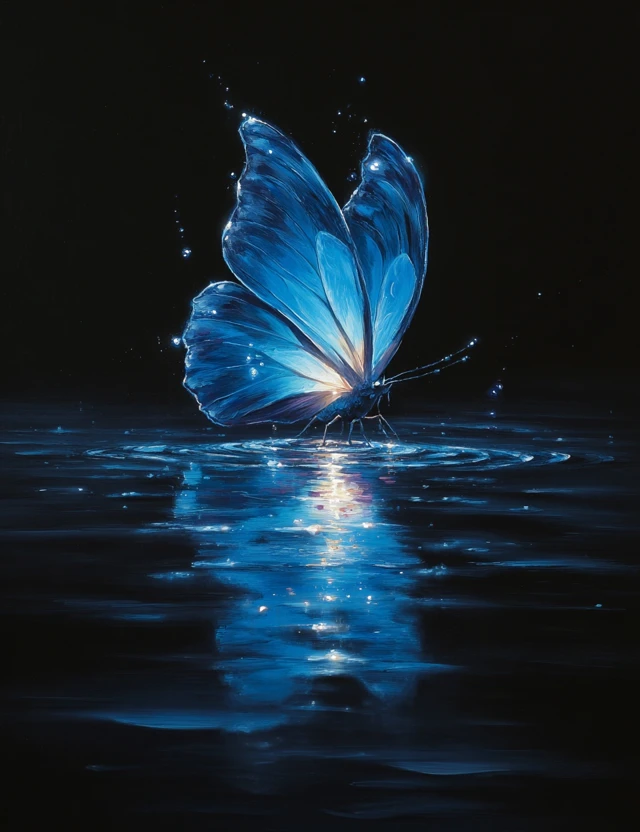 Blue Butterfly Glowing in the Dark Oil Painting