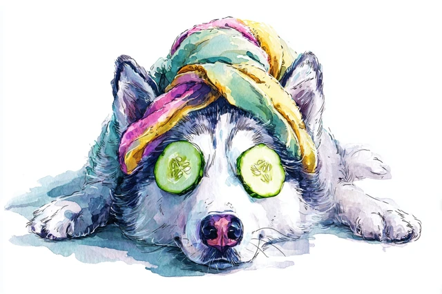 Husky Dog Beauty Treatment Watercolor Art