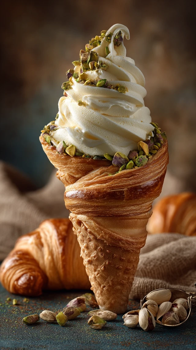 Vanilla Ice Cream Cone with Croissant and Pistachios