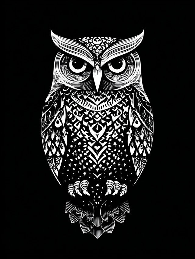 Symmetrical Owl Linocut Black and White Vector Art