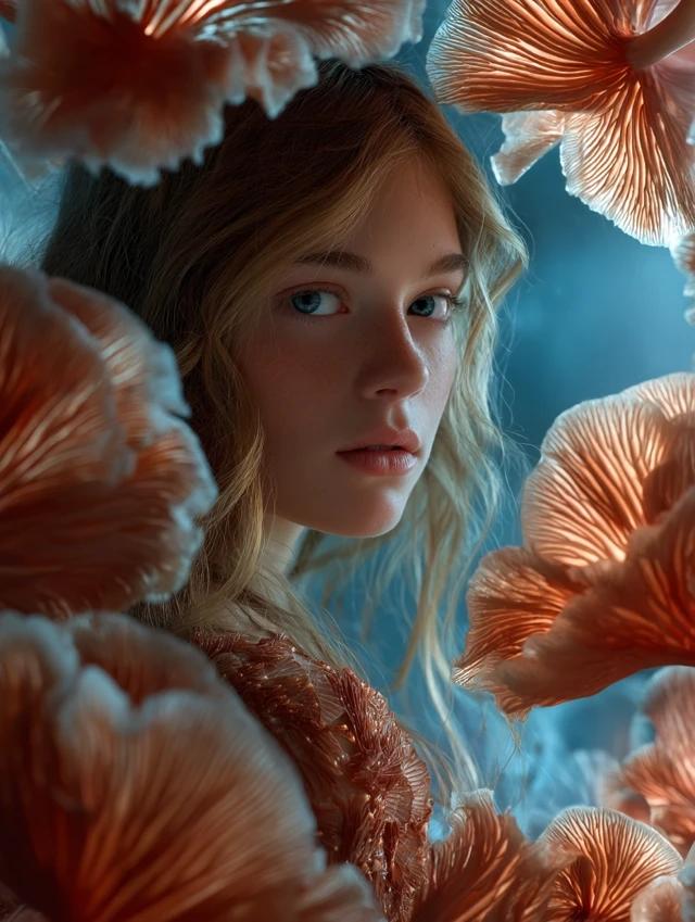 Surreal Beauty Brunette in Coral Dress with Mushrooms