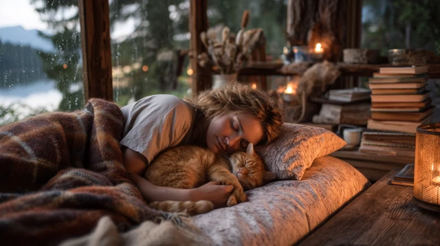 Cozy Cabin Sleep Woman Cat Rain Candles