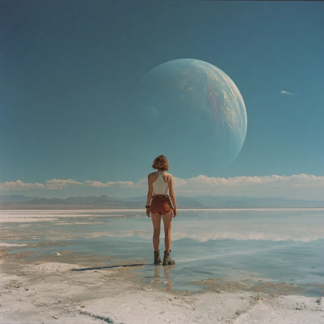 Woman on Salt Flats Dystopian Surreal Landscape