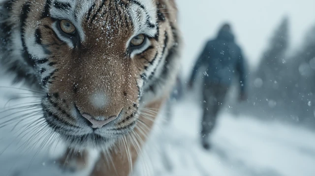 Tiger in the Snow Cinematic Wildlife Photography