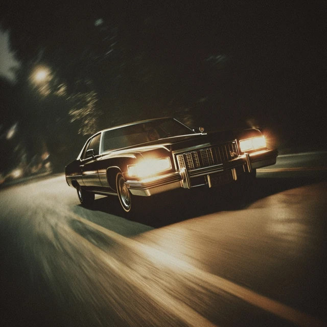1972 Cadillac on a Dark Road at Night Vintage Sepia