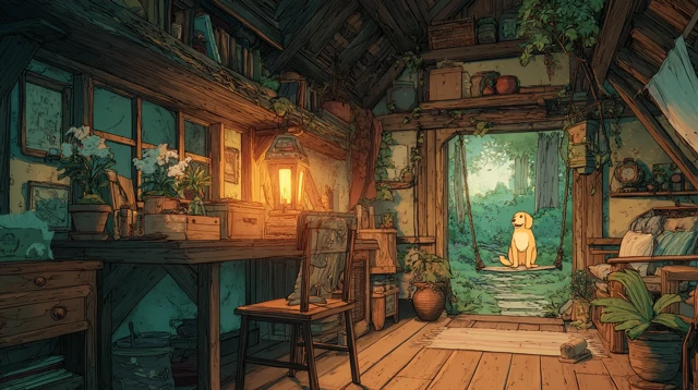 Cozy Treehouse Anime Interior with Dog