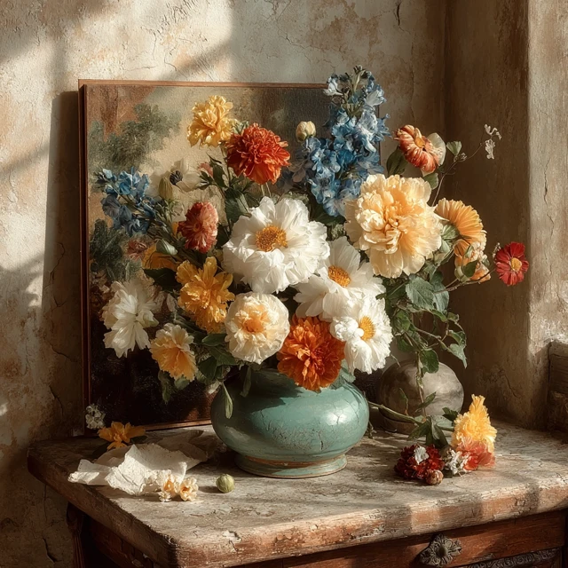 Floral Bouquet on a Table Painting in Orange and Blue