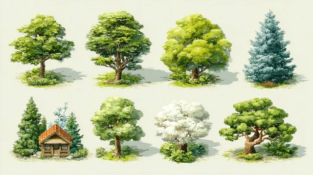 Cartoon Tree Sprites Icons Top View Clean Background