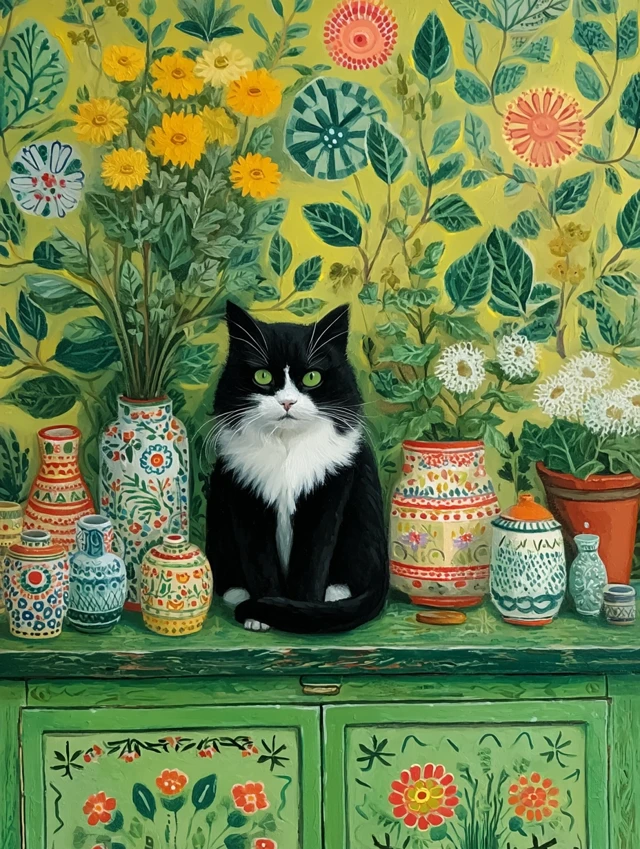 Folk Art Still Life: Cat, Flowers and Ceramics