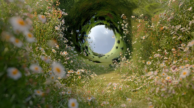 Grassy Tunnel with Wildflowers and Blue Sky