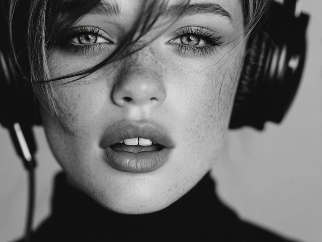 Beautiful Singer in Headphones Black and White Portrait