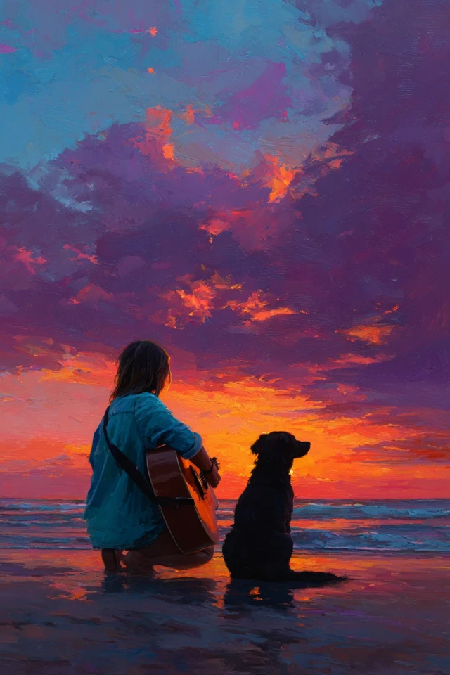 Girl with Guitar and Dog at Sunset Beach Painting