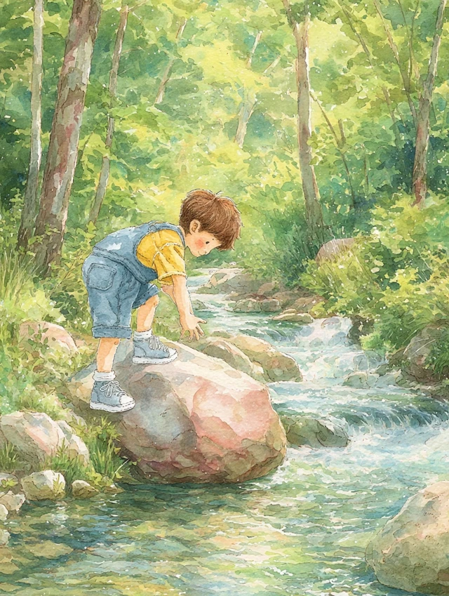 Boy Exploring Forest Stream Watercolor Art