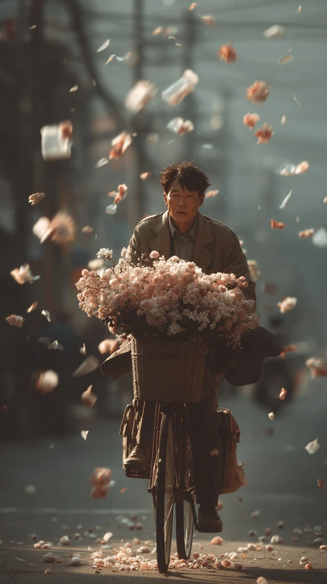 Korean Flower Delivery Bicycle Ride Cinematic Photo