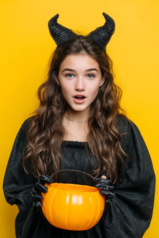 Teen Girl in Halloween Costume with Pumpkin Bucket