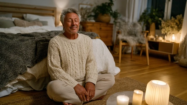 Meditation in Bedroom Serene Asian Man Peace